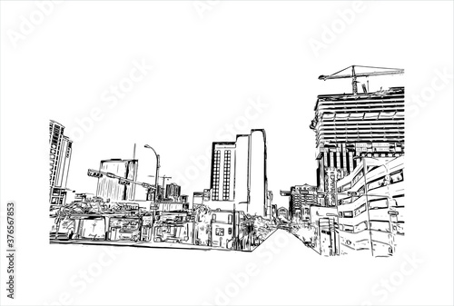 Building view with landmark of Austin is the state capital of Texas, an inland city bordering the Hill Country region. Hand drawn sketch illustration in vector.