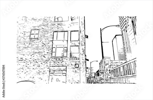 Building view with landmark of Austin is the state capital of Texas, an inland city bordering the Hill Country region. Hand drawn sketch illustration in vector.
