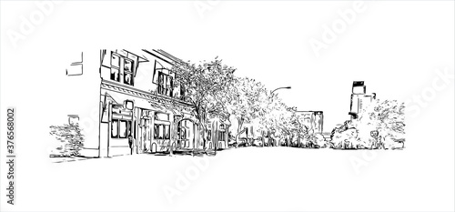 Building view with landmark of Austin is the state capital of Texas, an inland city bordering the Hill Country region. Hand drawn sketch illustration in vector.