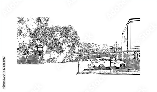 Building view with landmark of Austin is the state capital of Texas, an inland city bordering the Hill Country region. Hand drawn sketch illustration in vector.