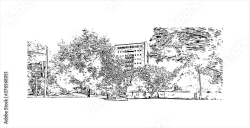 Building view with landmark of Austin is the state capital of Texas, an inland city bordering the Hill Country region. Hand drawn sketch illustration in vector.