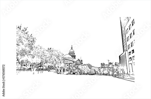 Building view with landmark of Austin is the state capital of Texas, an inland city bordering the Hill Country region. Hand drawn sketch illustration in vector.