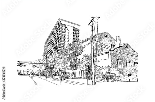 Building view with landmark of Austin is the state capital of Texas, an inland city bordering the Hill Country region. Hand drawn sketch illustration in vector.