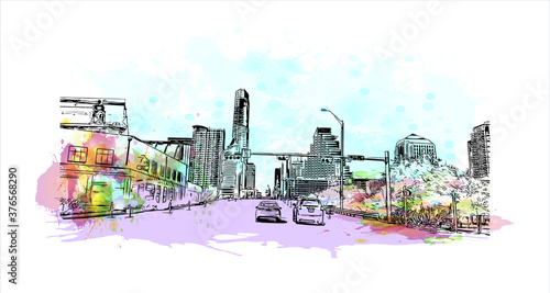 Building view with landmark of Austin is the state capital of Texas, an inland city bordering the Hill Country region. Watercolor splash with hand drawn sketch illustration in vector.