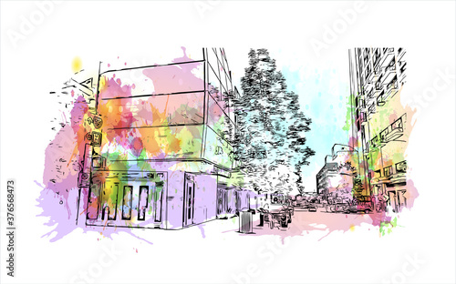 Building view with landmark of Austin is the state capital of Texas, an inland city bordering the Hill Country region. Watercolor splash with hand drawn sketch illustration in vector.