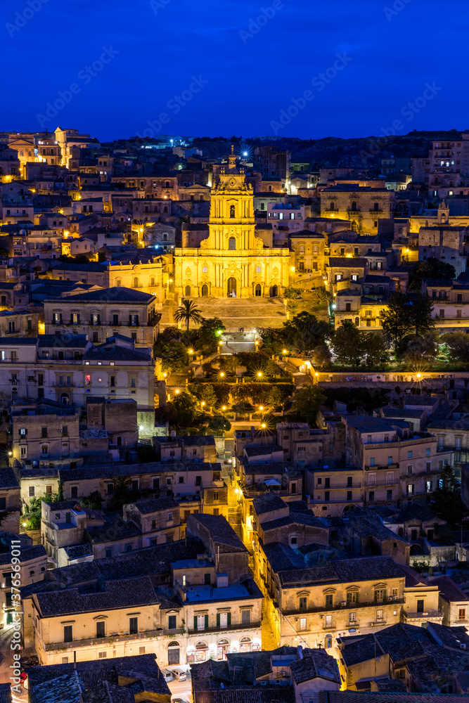 View of Modica, Sicily, Italy. Modica (Ragusa Province), view of the baroque town. Sicily, Italy. Ancient city Modica from above, Sicily, Italy