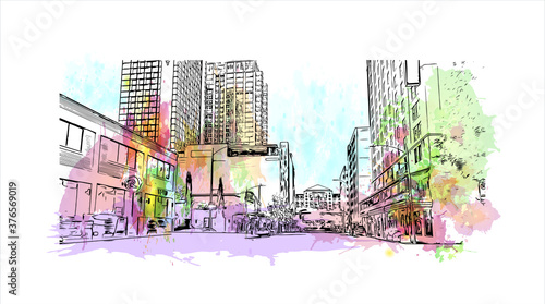 Building view with landmark of Austin is the state capital of Texas, an inland city bordering the Hill Country region. Watercolor splash with hand drawn sketch illustration in vector.