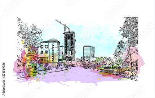 Building view with landmark of Austin is the state capital of Texas, an inland city bordering the Hill Country region. Watercolor splash with hand drawn sketch illustration in vector.