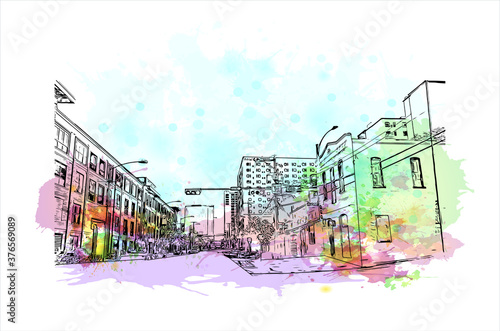 Building view with landmark of Austin is the state capital of Texas, an inland city bordering the Hill Country region. Watercolor splash with hand drawn sketch illustration in vector.