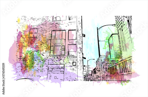 Building view with landmark of Austin is the state capital of Texas, an inland city bordering the Hill Country region. Watercolor splash with hand drawn sketch illustration in vector.