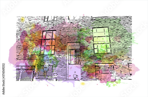 Building view with landmark of Austin is the state capital of Texas, an inland city bordering the Hill Country region. Watercolor splash with hand drawn sketch illustration in vector.