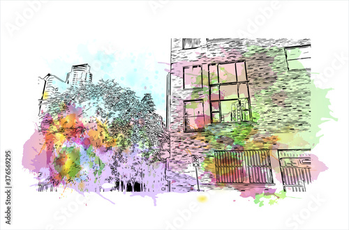 Building view with landmark of Austin is the state capital of Texas, an inland city bordering the Hill Country region. Watercolor splash with hand drawn sketch illustration in vector.