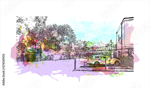 Building view with landmark of Austin is the state capital of Texas, an inland city bordering the Hill Country region. Watercolor splash with hand drawn sketch illustration in vector.