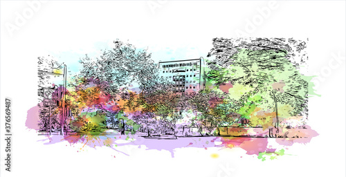 Building view with landmark of Austin is the state capital of Texas, an inland city bordering the Hill Country region. Watercolor splash with hand drawn sketch illustration in vector.