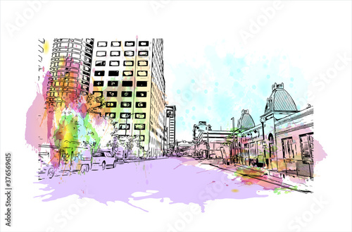 Building view with landmark of Austin is the state capital of Texas, an inland city bordering the Hill Country region. Watercolor splash with hand drawn sketch illustration in vector.