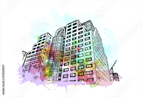 Building view with landmark of Austin is the state capital of Texas, an inland city bordering the Hill Country region. Watercolor splash with hand drawn sketch illustration in vector.