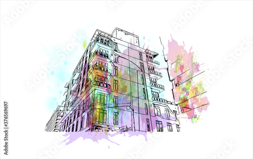 Building view with landmark of Austin is the state capital of Texas, an inland city bordering the Hill Country region. Watercolor splash with hand drawn sketch illustration in vector.
