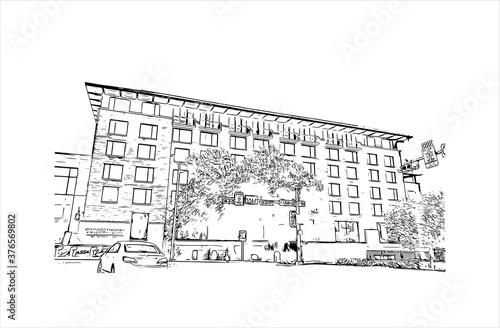 Building view with landmark of Austin is the state capital of Texas, an inland city bordering the Hill Country region. Hand drawn sketch illustration in vector.