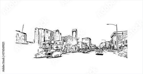 Building view with landmark of Austin is the state capital of Texas, an inland city bordering the Hill Country region. Hand drawn sketch illustration in vector.