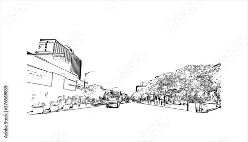 Building view with landmark of Austin is the state capital of Texas, an inland city bordering the Hill Country region. Hand drawn sketch illustration in vector.