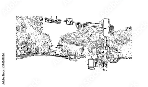 Building view with landmark of Austin is the state capital of Texas, an inland city bordering the Hill Country region. Hand drawn sketch illustration in vector.