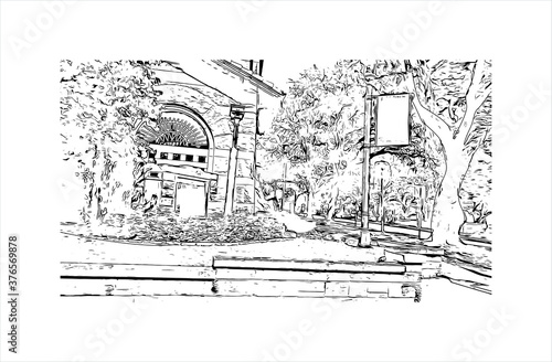 Building view with landmark of Austin is the state capital of Texas, an inland city bordering the Hill Country region. Hand drawn sketch illustration in vector.