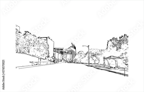 Building view with landmark of Austin is the state capital of Texas, an inland city bordering the Hill Country region. Hand drawn sketch illustration in vector.