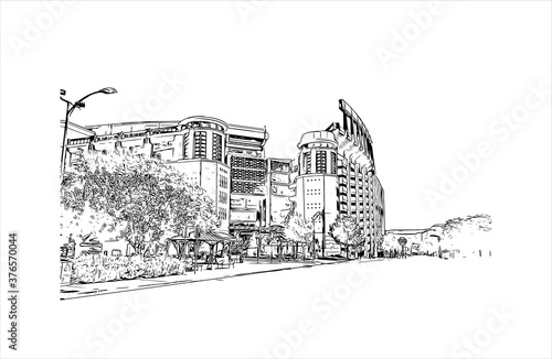 Building view with landmark of Austin is the state capital of Texas, an inland city bordering the Hill Country region. Hand drawn sketch illustration in vector.