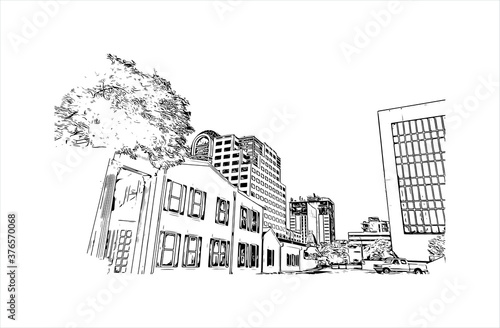 Building view with landmark of Austin is the state capital of Texas, an inland city bordering the Hill Country region. Hand drawn sketch illustration in vector.
