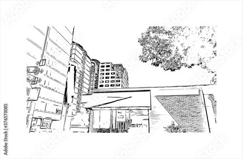 Building view with landmark of Austin is the state capital of Texas, an inland city bordering the Hill Country region. Hand drawn sketch illustration in vector.