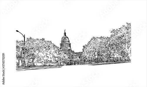 Building view with landmark of Austin is the state capital of Texas, an inland city bordering the Hill Country region. Hand drawn sketch illustration in vector.