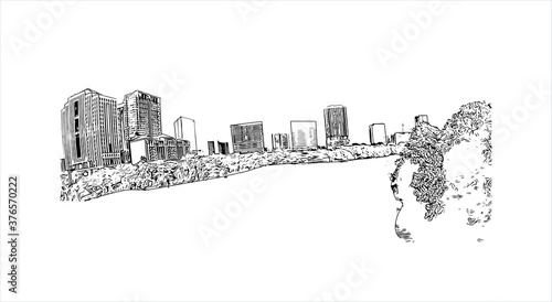Building view with landmark of Austin is the state capital of Texas, an inland city bordering the Hill Country region. Hand drawn sketch illustration in vector.