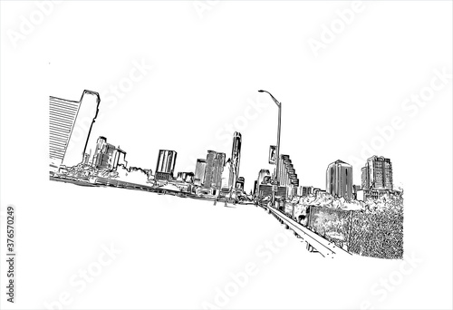 Building view with landmark of Austin is the state capital of Texas, an inland city bordering the Hill Country region. Hand drawn sketch illustration in vector.