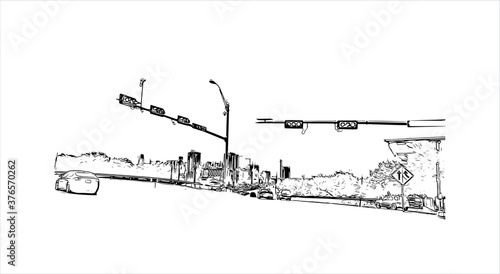 Building view with landmark of Austin is the state capital of Texas, an inland city bordering the Hill Country region. Hand drawn sketch illustration in vector.