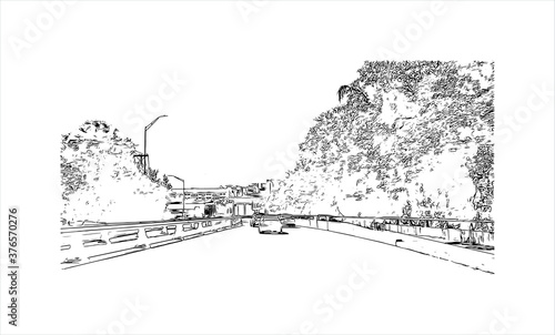 Building view with landmark of Austin is the state capital of Texas, an inland city bordering the Hill Country region. Hand drawn sketch illustration in vector.