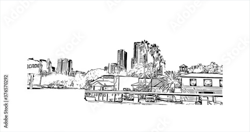 Building view with landmark of Austin is the state capital of Texas, an inland city bordering the Hill Country region. Hand drawn sketch illustration in vector.