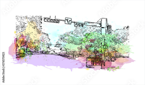 Building view with landmark of Austin is the state capital of Texas, an inland city bordering the Hill Country region. Watercolor splash with hand drawn sketch illustration in vector.