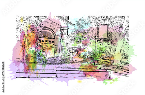 Building view with landmark of Austin is the state capital of Texas, an inland city bordering the Hill Country region. Watercolor splash with hand drawn sketch illustration in vector.