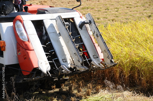 コンバインによる稲刈り風景