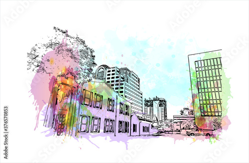 Building view with landmark of Austin is the state capital of Texas, an inland city bordering the Hill Country region. Watercolor splash with hand drawn sketch illustration in vector.