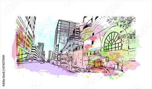 Building view with landmark of Austin is the state capital of Texas, an inland city bordering the Hill Country region. Watercolor splash with hand drawn sketch illustration in vector.