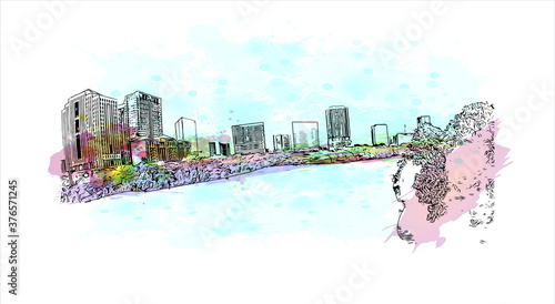 Building view with landmark of Austin is the state capital of Texas, an inland city bordering the Hill Country region. Watercolor splash with hand drawn sketch illustration in vector.