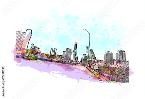 Building view with landmark of Austin is the state capital of Texas, an inland city bordering the Hill Country region. Watercolor splash with hand drawn sketch illustration in vector.
