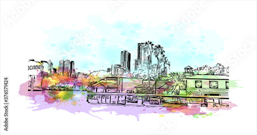Building view with landmark of Austin is the state capital of Texas, an inland city bordering the Hill Country region. Watercolor splash with hand drawn sketch illustration in vector.