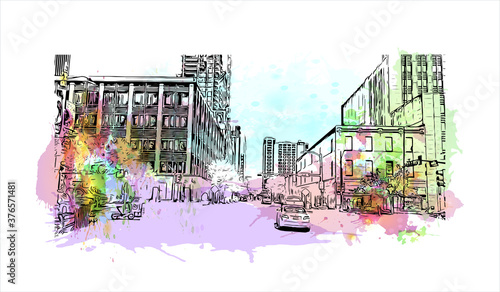 Building view with landmark of Austin is the state capital of Texas, an inland city bordering the Hill Country region. Watercolor splash with hand drawn sketch illustration in vector.