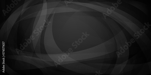 Abstract background of intersecting curves and bent translucent shapes in black and gray colors