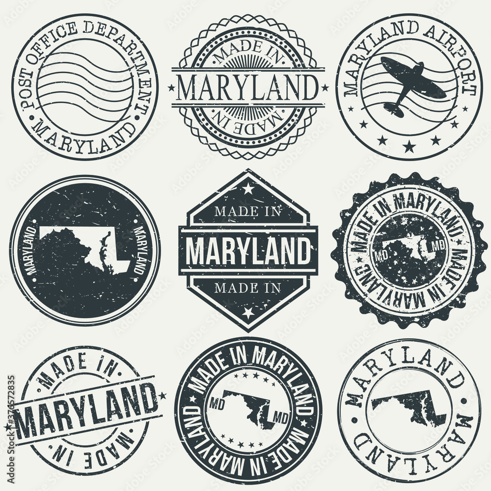 Maryland Set of Stamps. Travel Stamp. Made In Product. Design Seals Old Style Insignia.