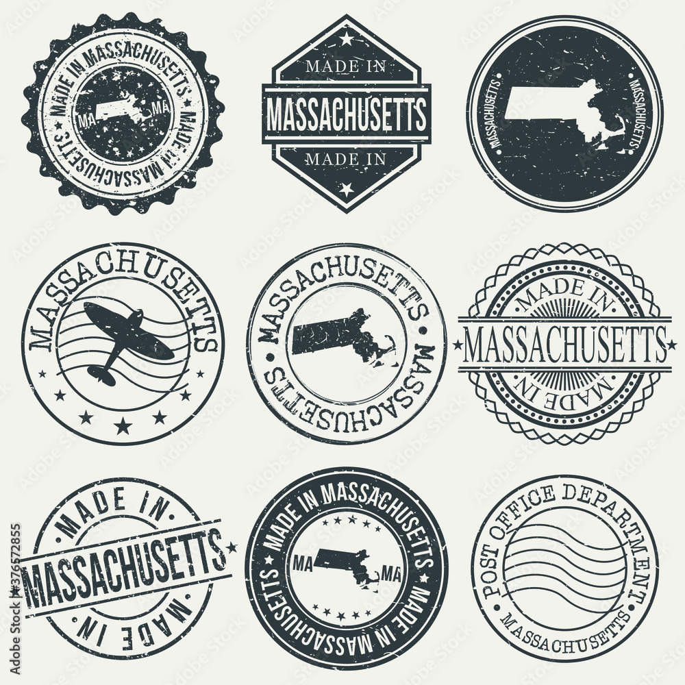 Massachusetts Set of Stamps. Travel Stamp. Made In Product. Design Seals Old Style Insignia.