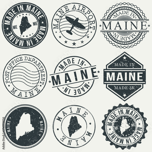 Maine Set of Stamps. Travel Stamp. Made In Product. Design Seals Old Style Insignia.