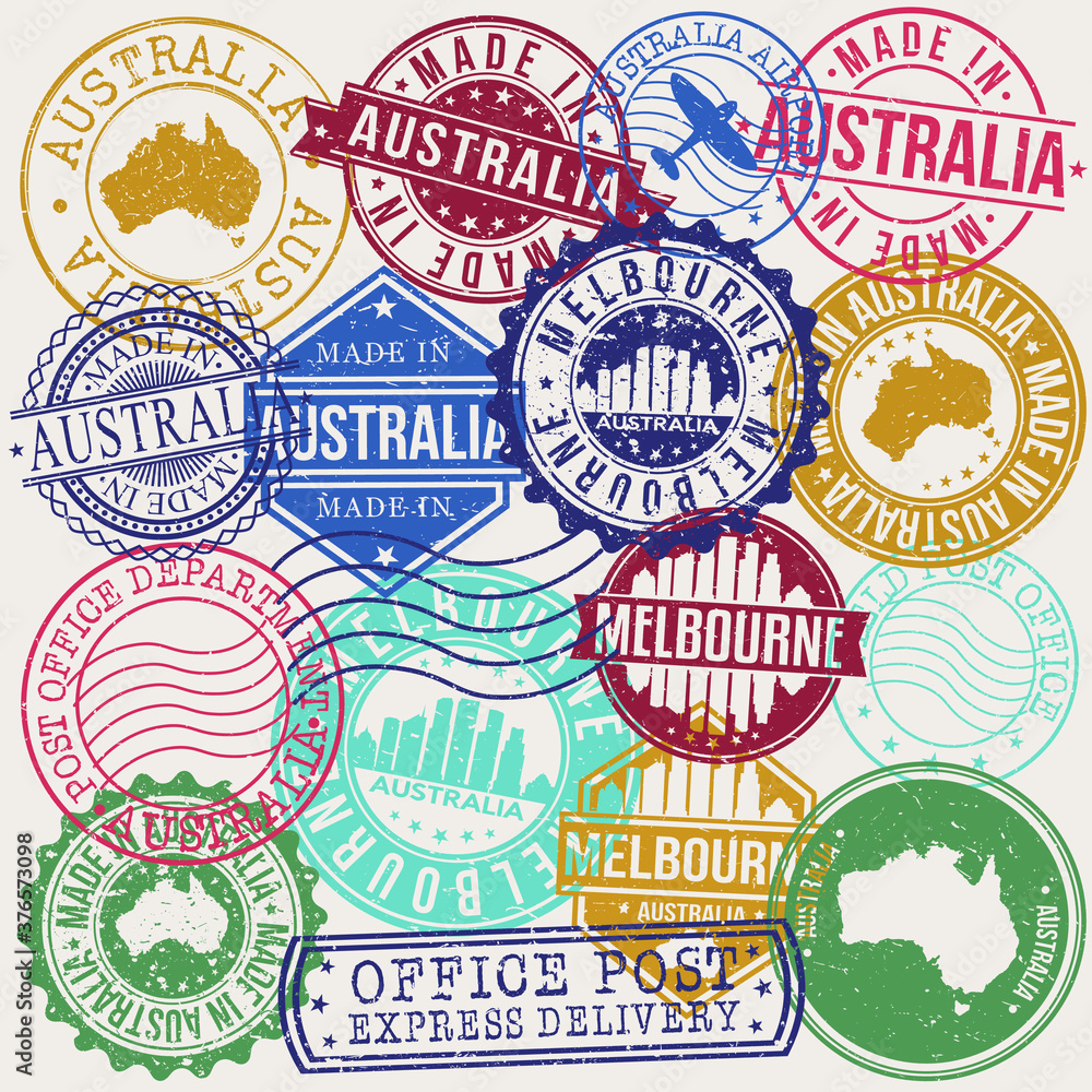 Obraz premium Melbourne Australia Set of Stamps. Travel Stamp. Made In Product. Design Seals Old Style Insignia.